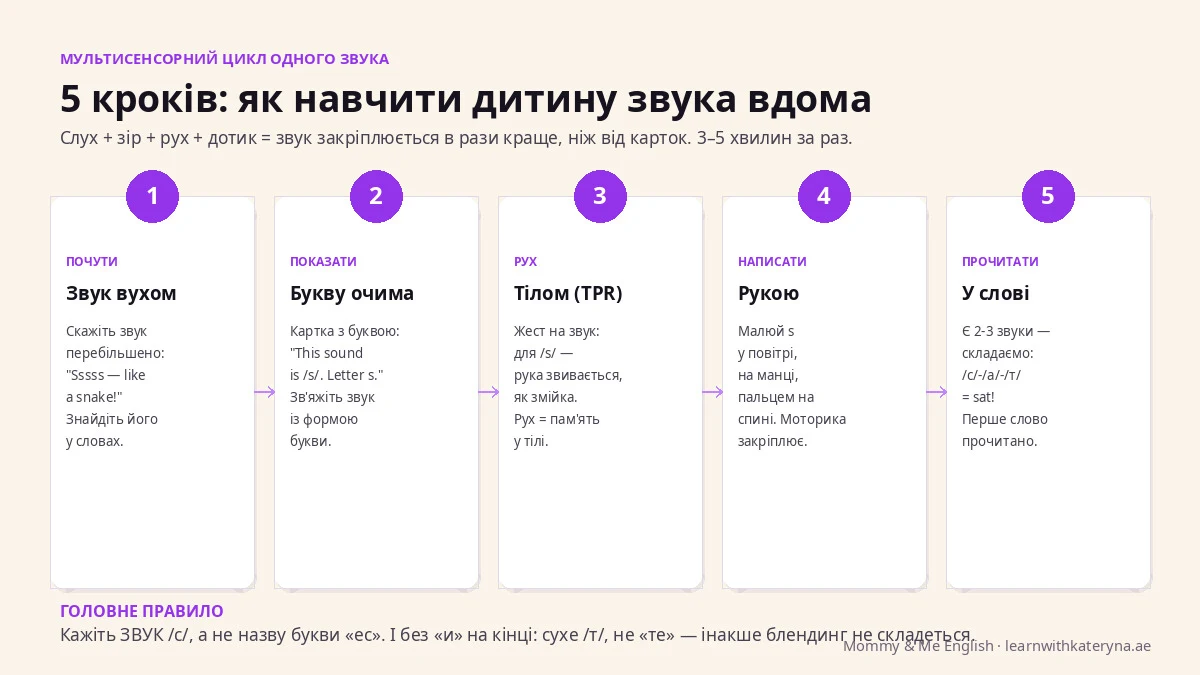 5 кроків як навчити дитину англійського звука вдома — почути, показати, рух, написати, прочитати