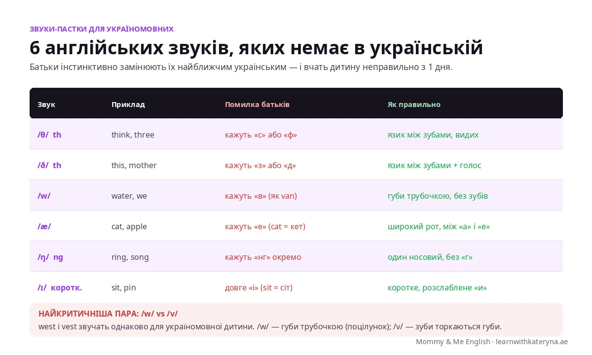 Англійські звуки яких немає в українській мові — th, w, æ, ng, короткий i, h — і як їх вимовляти правильно